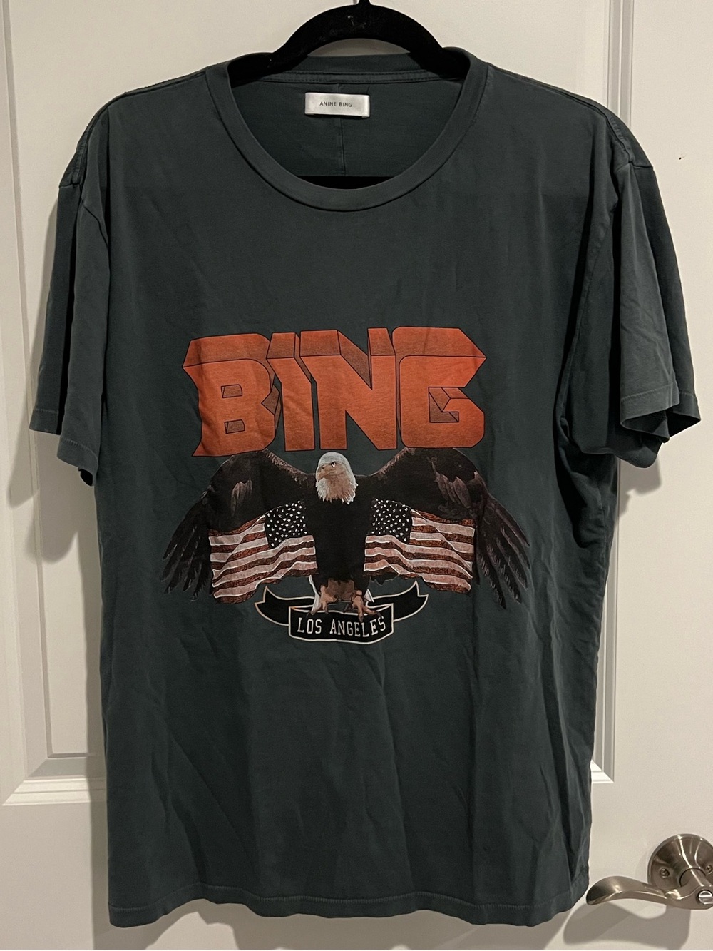 Anine Bing Charcoal Eagle Graphic Tee with Orange Logo